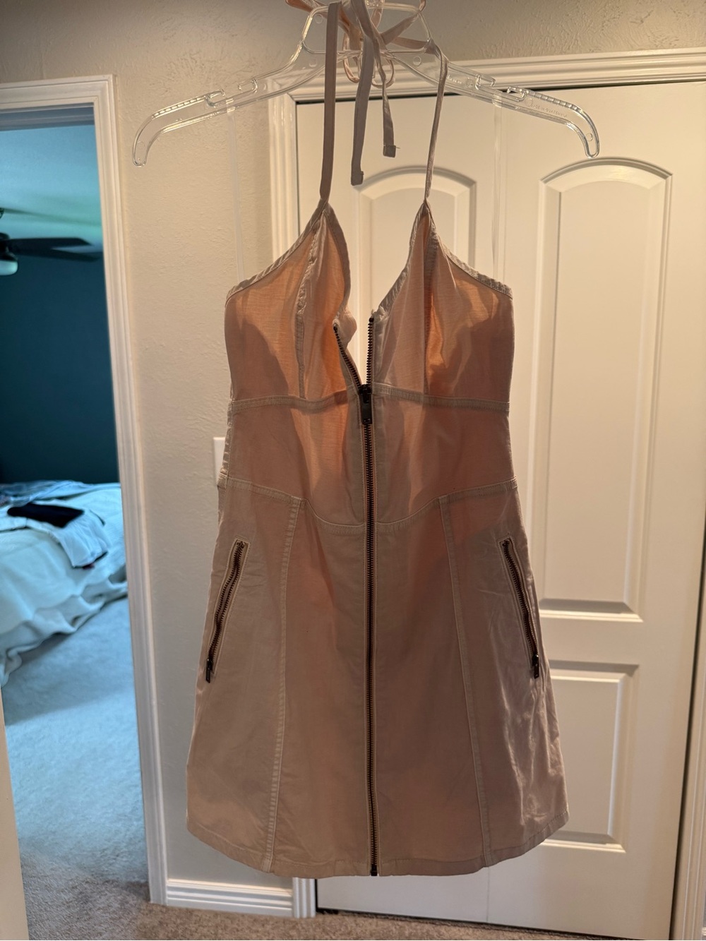 American Eagle Neutral Beige Zip-Front Mini Dress with Pockets